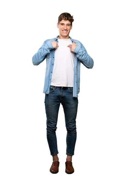 Fullängds Bild Vacker Ung Man Med Överraskande Ansiktsuttryck Över Isolerad — Stockfoto