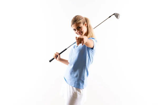 青少年高尔夫球手女孩在孤立的白色背景 — 图库照片