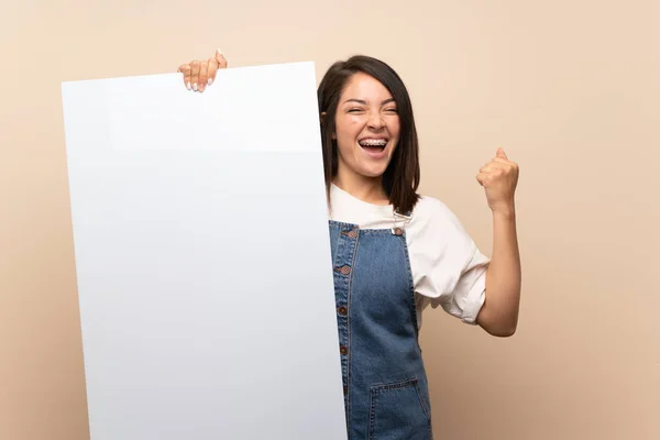 Young Mexican Woman Isolated Background Holding Empty White Placard Insert — Stock Photo, Image