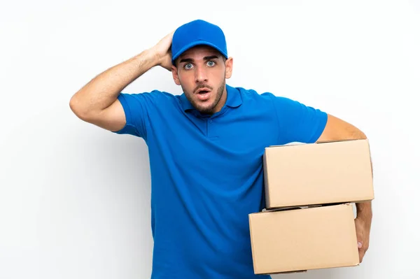 Delivery Man Isolated White Background Surprise Facial Expression — Stock Photo, Image