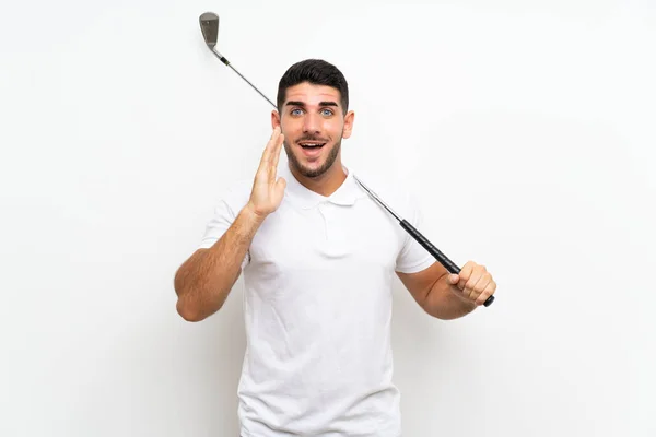 Bello Giovane Giocatore Golf Uomo Sfondo Bianco Isolato Con Sorpresa — Foto Stock