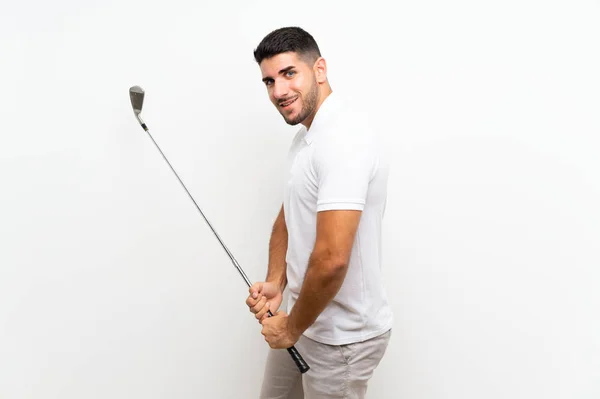 Bonito Jovem Jogador Golfe Homem Sobre Fundo Branco Isolado — Fotografia de Stock