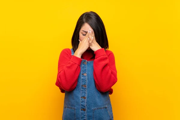 Young Mexican Woman Overalls Yellow Wall Tired Sick Expression — Stock Photo, Image
