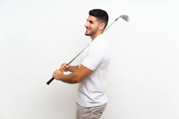 Guapo Joven Jugador Golf Hombre Sobre Fondo Blanco Aislado — Foto de Stock