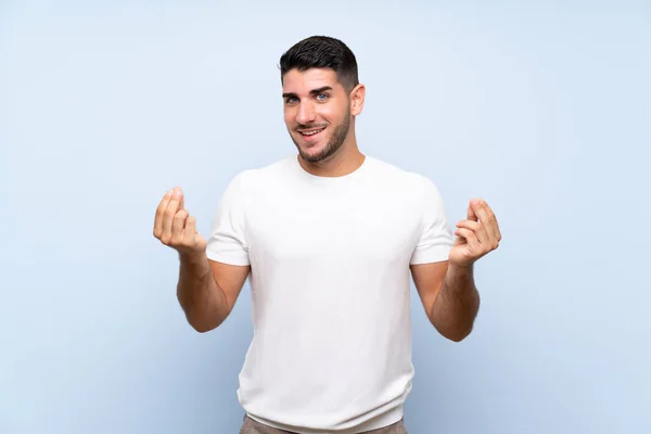 Caucásico Guapo Hombre Sobre Aislado Azul Fondo Haciendo Dinero Gesto — Foto de Stock