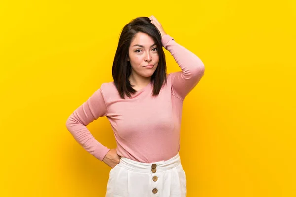 Young Mexican Woman Isolated Yellow Background Expression Frustration Understanding — Stock Photo, Image