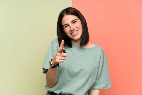 Young Woman Isolated Colorful Wall Points Finger You — Stock Photo, Image