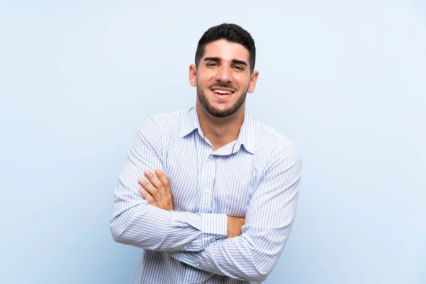 Caucásico Guapo Hombre Sobre Aislado Azul Fondo Riendo — Foto de Stock