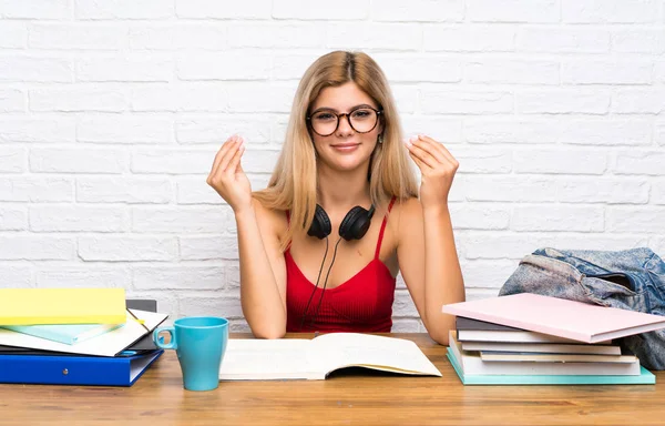 Adolescente Estudiante Chica Interior Haciendo Dinero Gesto — Foto de Stock