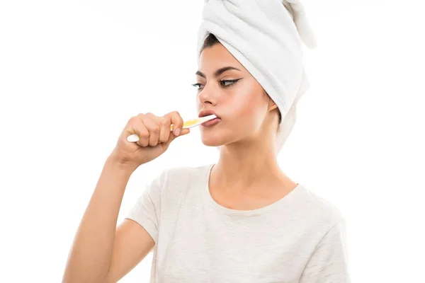 Teenager Girl Isolated White Background Brushing Her Teeths — Stock Photo, Image