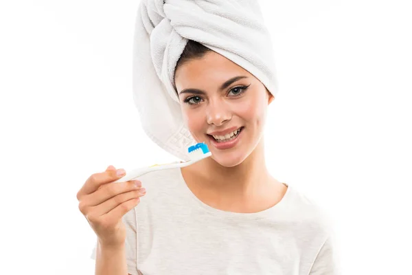 Teenager Girl Isolated White Background Brushing Her Teeths — Stock Photo, Image