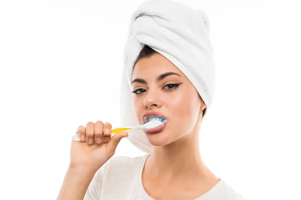 Teenager Girl Isolated White Background Brushing Her Teeths — Stock Photo, Image