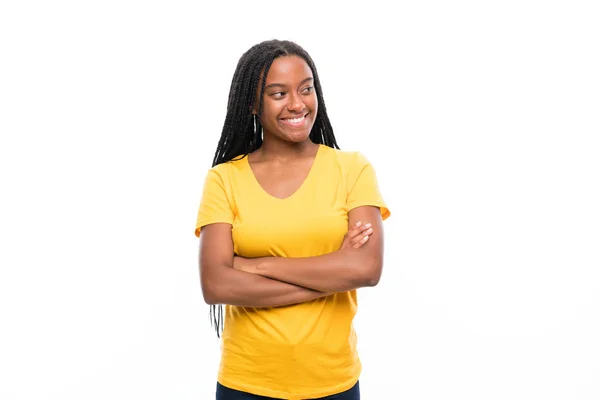 Afro Amerikai Tinédzser Lány Hosszú Fonott Hajú Elszigetelt Fehér Háttér — Stock Fotó