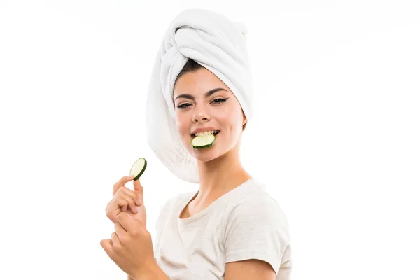 Beautiful Young Woman Holding Slices Cucumber — Stock Photo, Image