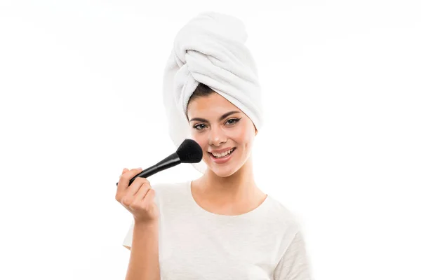 Teenager Girl Isolated White Background Makeup Brush — Stock Photo, Image