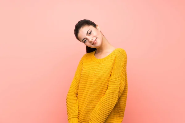 Teenager Girl Isolated Pink Wall Smiling — Stock Photo, Image