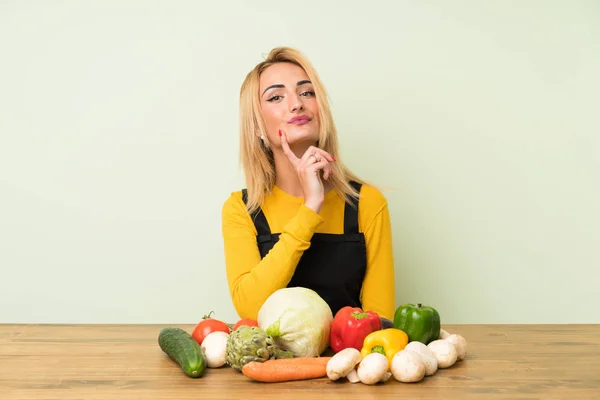 Young Blonde Woman Lots Vegetables Thinking Idea — Stock Photo, Image