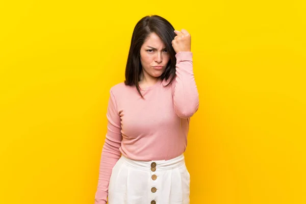 Young Mexican Woman Isolated Yellow Background Angry Gesture — Stock Photo, Image