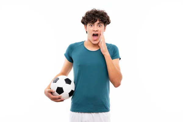 Jovem Jogador Futebol Homem Sobre Isolado Parede Branca Com Surpresa — Fotografia de Stock