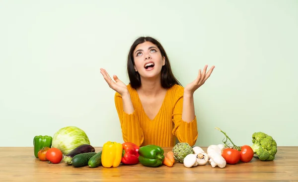 Teenager Girl Many Vegetables Frustrated Bad Situation — Stock Photo, Image