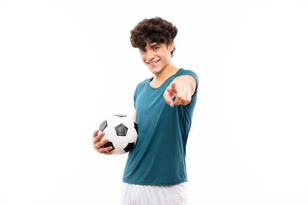 Jovem Jogador Futebol Homem Sobre Isolado Branco Parede Aponta Dedo — Fotografia de Stock
