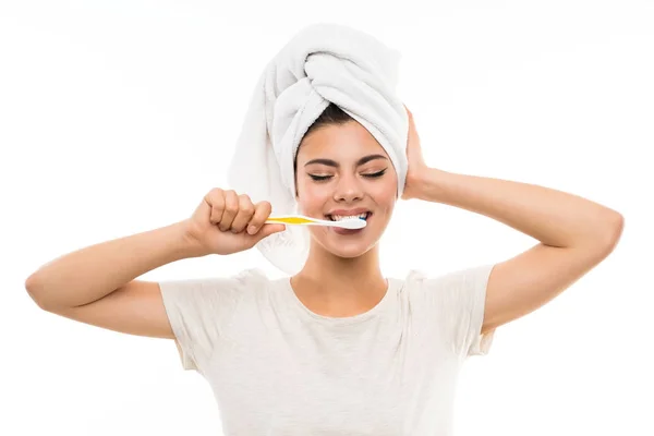 Teenager Girl Isolated White Background Brushing Her Teeths — Stock Photo, Image