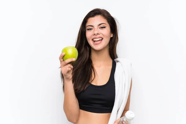 Adolescente Deporte Chica Sobre Aislado Blanco Fondo Con Una Manzana — Foto de Stock