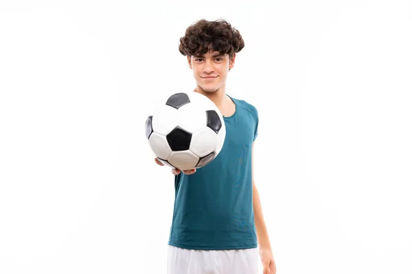 Jovem Jogador Futebol Homem Sobre Isolado Parede Branca — Fotografia de Stock