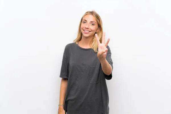 Blonde Young Woman Isolated White Background Happy Counting Three Fingers — Stock Photo, Image