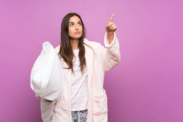 Young Woman Pajamas Dressing Gown Isolated Purple Background Touching Transparent — Stock Photo, Image
