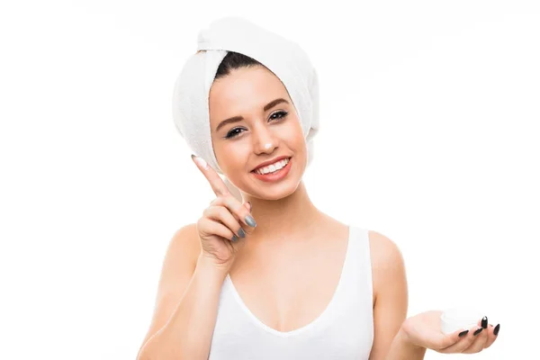 Young Woman Isolated White Background Moisturizer — Stock Photo, Image