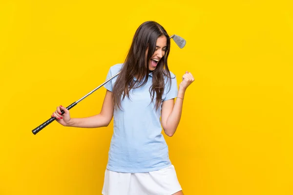 Young Golfer Woman Isolated Yellow Wall Celebrating Victory — Stock Photo, Image