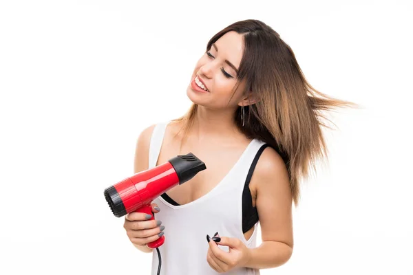 Jeune Femme Sur Fond Blanc Isolé Avec Sèche Cheveux — Photo