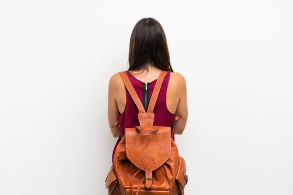 Jeune Femme Sur Fond Blanc Isolé Avec Sac Dos — Photo