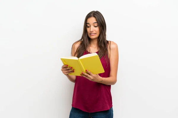 Young Woman Isolated White Background Holding Reading Book — Stock Photo, Image
