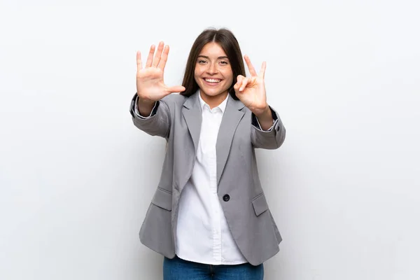 Junge Geschäftsfrau Vor Isoliertem Weißen Hintergrund Die Mit Den Fingern — Stockfoto