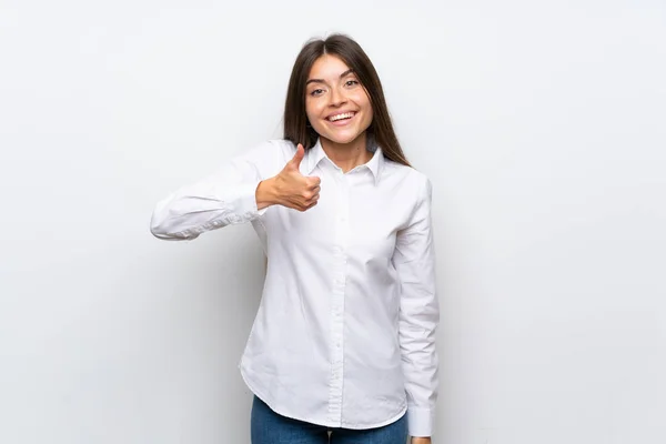 Jonge Vrouw Geïsoleerde Witte Achtergrond Geven Een Duim Omhoog Gebaar — Stockfoto