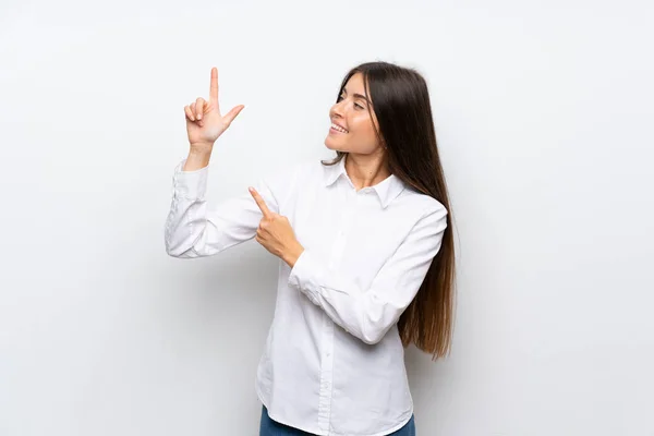 Junge Frau Über Isoliertem Weißem Hintergrund Die Mit Dem Zeigefinger — Stockfoto