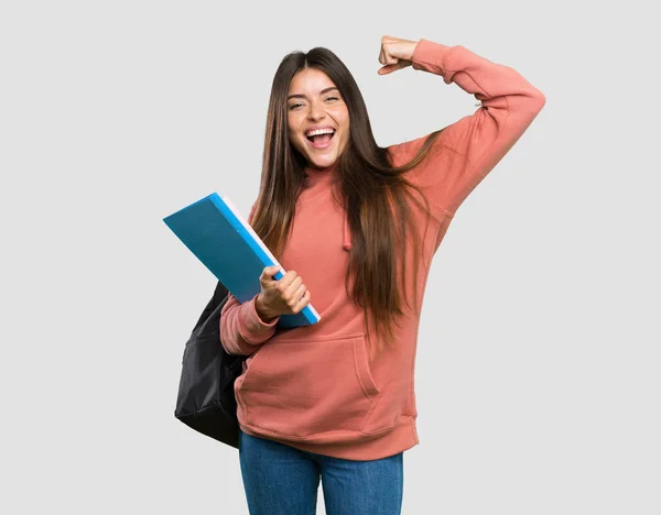 Ung Student Kvinna Som Håller Anteckningsböcker Firar Seger Över Isolerad — Stockfoto