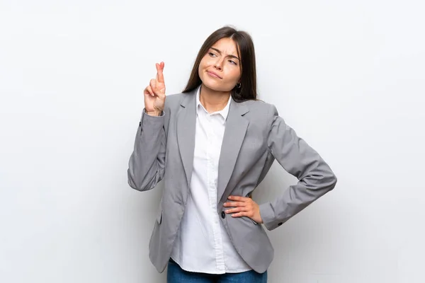Young Business Woman Isolated White Background Fingers Crossing Wishing Best — Stock Photo, Image