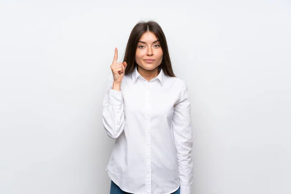 Zole Beyaz Arka Plan Üzerinde Genç Kadın Indeks Parmak Ile — Stok fotoğraf