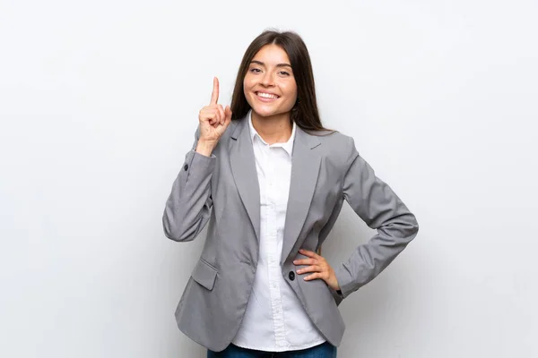 Jovem Mulher Negócios Sobre Fundo Branco Isolado Mostrando Levantando Dedo — Fotografia de Stock