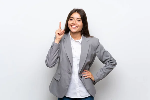 Jonge Zakelijke Vrouw Geïsoleerde Witte Achtergrond Tonen Tillen Van Een — Stockfoto