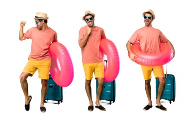 Onun yaz tatili smilin şapka ve güneş gözlüğü ile Man Seti