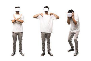 Başparmak aşağı ve stop gesture gösteren Vr gözlük kullanarak Man seti