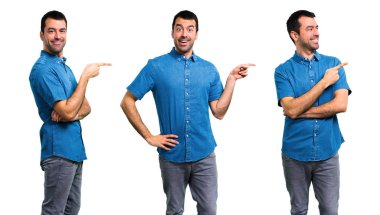 Mavi gömlek yan parmak işaret yakışıklı adam seti 