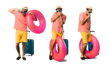 Onun yaz tatili coveri şapka ve güneş gözlüğü ile Man Seti