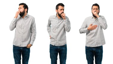 Sakallı Yakışıklı adamın kolaj öksürük ve f ile acı