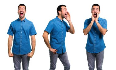 Ağız geniş ope ile bağıran mavi gömlek ile Yakışıklı adam Seti