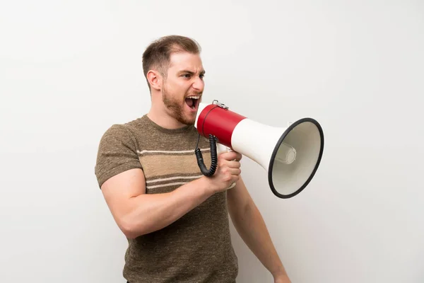 Handsome Man Isolated White Wall Shouting Megaphone — Stock Photo, Image